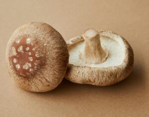 Two fresh shiitake mushrooms (Lentinula edodes) placed on a neutral tan background, one with its textured brown cap facing up and the other turned to reveal its gills and thick central stem.