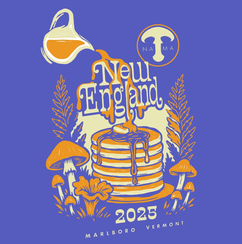 Event image for NAMA 2025 New England annual foray at Marlboro, VT. Maple syrup pouring over pancakes with mushroom growing around it.
