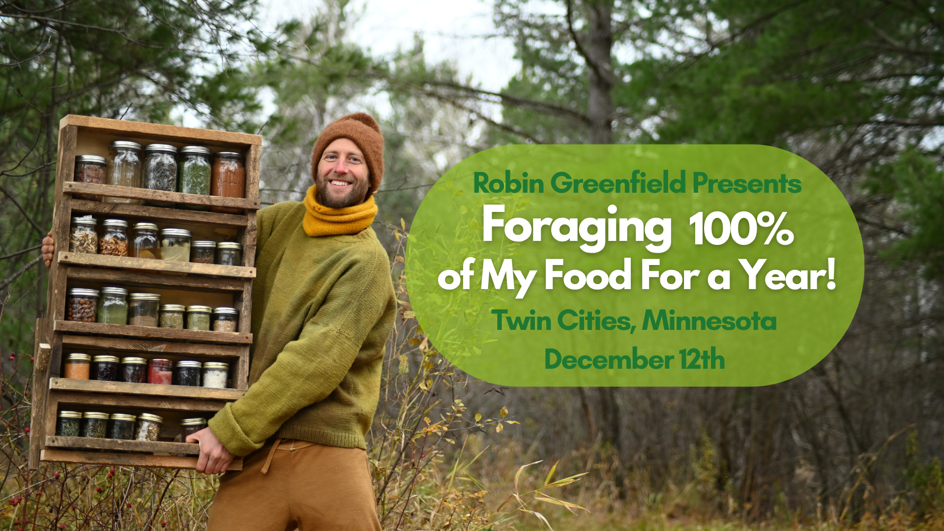 Three side-by-side photos of Robin Greenfield outdoors in a wooded area, wearing a wide-brimmed brown hat and light shirt. He holds a large porcini mushroom, smiling and smelling it with joy. Sunlight filters through the trees in the background.