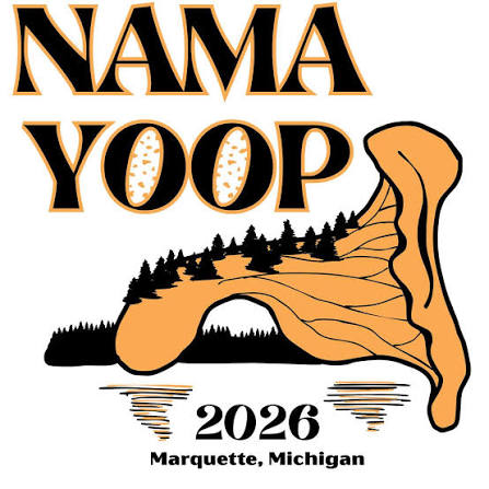 NAMA YOOP 2026 in Marquette, MI poster with name and a drawing of a chanterelle on it's side with trees growing on it.