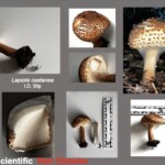 Collage of identification photos for *Lepiota castanea*, showing various angles, close-ups, and cross-sections of the brown-scaled mushroom, along with size measurements, habitat images, and GPS coordinates. The entry is labeled “1st Place Scientific – Nan Etzwiler.”
