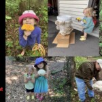 A collage of photos titled “1st Place Other – John Lamprecht – O.23 Future Mycologists,” showing young children engaging with mushrooms. Images include a child holding a bright orange mushroom, a child watering oyster mushrooms growing on a vertical column, a child with two small orange mushrooms, two children each holding large puffball mushrooms, and an adult showing a giant puffball to a child on a wooded path.